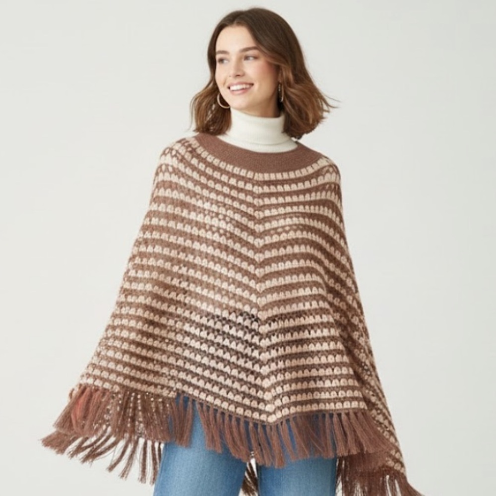 Brown and Cream Women's Crochet Poncho